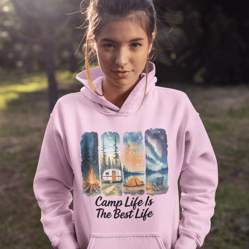 Our Camp Life Is The Best Life Hoodie features four epic camping scenes—from starry skies and crackling fires to cozy tents and scenic trails.